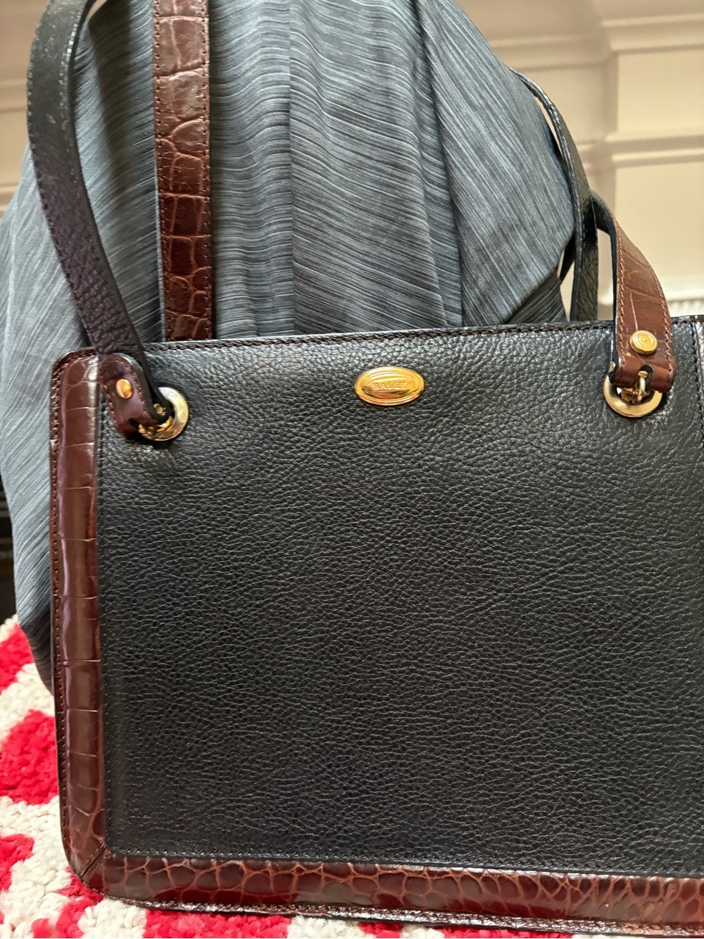 Bally Black Leather Tote with Brown Croc-Trim and Gold Accents